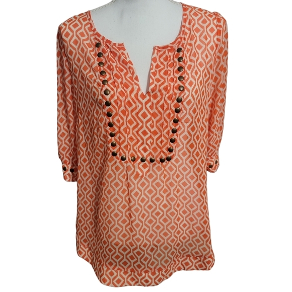 Hawthorne Shear Geometric Orange and White Blouse with metal buttons‎ size large - Picture 1 of 6